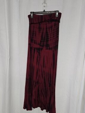 Tie-Dye Burgundy Maxi Skirt with Fold-Over Waistband. Stretchy